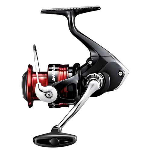 El sofisticado Carrete Shimano Sienna 1000 FG presenta un carrete de pesca negro y rojo con un diseño elegante y acabado metálico, que cuenta con una manija y un carrete de línea.
