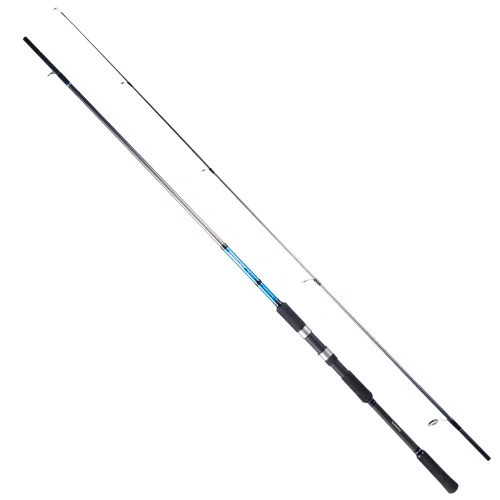 La Caña Shimano Vengeance Pacifico 300 Xh 3,00 M es una elegante caña de pescar de dos piezas que se caracteriza por su diseño elegante y moderno. Cuenta con un esquema de color principalmente plateado complementado con detalles en negro y azul. La caña incluye un mango con agarre de espuma, guías de metal para el sedal y un portacarrete. Se presenta desmontada en dos secciones.