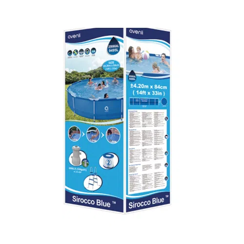 Embalaje para la piscina elevada Piscina Estructural Redonda de 3 m x 0,76 m (10 pies x 30 pulgadas), modelo 17798 de Avenli. Incluye imágenes del producto, dimensiones y características adicionales destacadas junto con un grupo de personas disfrutando de la piscina. El diseño del embalaje es predominantemente azul y blanco, con texto y elementos visuales que lo acompañan.
