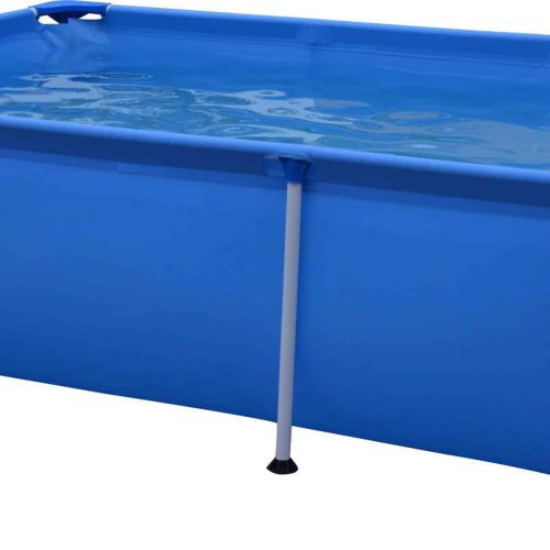 La Piscina Estructural Rectangular 2,58x1,79x0,66 M Avenli 17805, una piscina elevada rectangular de color azul, está llena de agua y sostenida por una robusta estructura de metal blanco. Colocada sobre una superficie plana, el logotipo de la marca se muestra de forma destacada en su lateral.