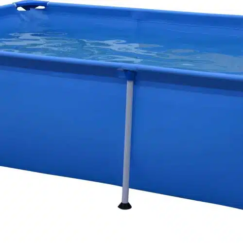 La Piscina Estructural Rectangular 2,58x1,79x0,66 M Avenli 17805, una piscina elevada rectangular de color azul, está llena de agua y sostenida por una robusta estructura de metal blanco. Colocada sobre una superficie plana, el logotipo de la marca se muestra de forma destacada en su lateral.