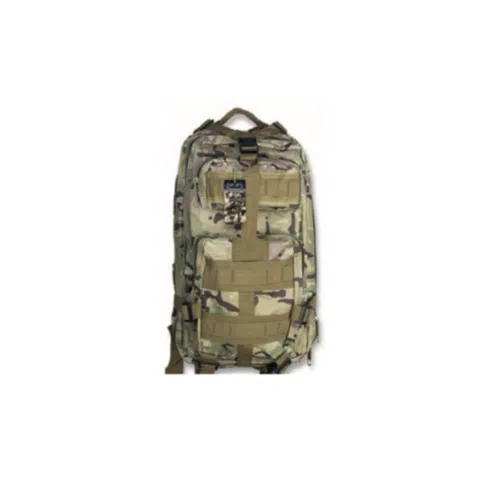 La mochila táctica Barbaric Mochila #34877 Cp tiene un diseño de camuflaje y cuenta con múltiples compartimentos y correas. Equipada con correas MOLLE para accesorios y un asa superior para transportarla fácilmente, esta mochila garantiza funcionalidad y durabilidad para todas tus actividades al aire libre.