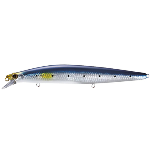 El Silent Assassin 140F #XM140NE es un señuelo de pesca alargado con un patrón realista de plata, azul y amarillo, escamas detalladas y ojos realistas diseñados para imitar un pez pequeño.