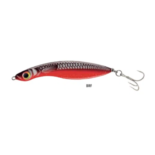 El señuelo Salmo Wave Brf 9,0 cm presenta un diseño en forma de pez rojo y plateado, con un ojo grande y realista. Tiene una textura escamada e incluye un anzuelo triple en el extremo. La etiqueta "BRF" se muestra de forma destacada debajo del señuelo, lo que garantiza una captura tentadora en todo momento.