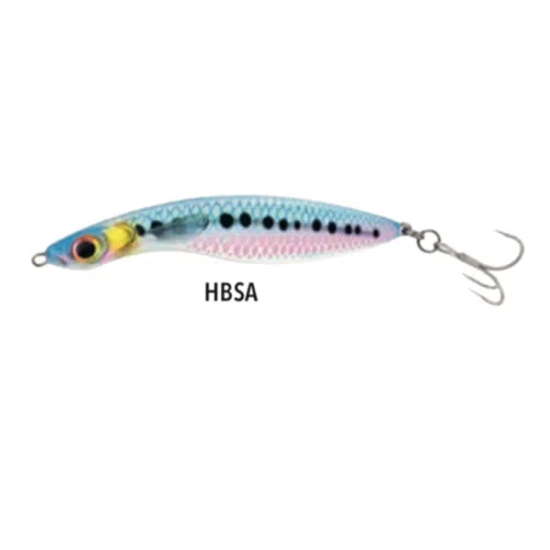 Señuelo de pesca colorido con la etiqueta "HBSA" que presenta un diseño similar a un pez. El Señuelo Salmo Wave Bsa 9,0 Cm tiene un cuerpo azul metálico y rosa con manchas negras, un ojo amarillo y negro y un anzuelo triple adjunto en el extremo.
