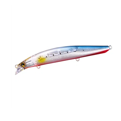 El señuelo de pesca Shimano Spinbreeze Flash Boost 013 de 140 mm presenta un cuerpo elegante y alargado con una parte superior azul que se transforma en blanca en el medio y una parte inferior roja. Incluye dos anzuelos unidos a anillos en la parte inferior y tiene una sección transparente cerca de la cabeza con detalles intrincados y realistas en el área de los ojos.