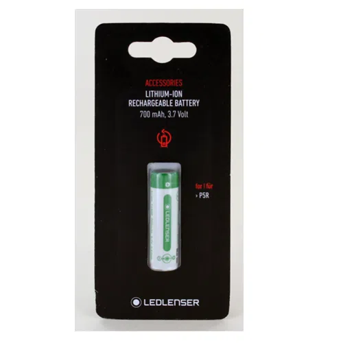 Batería 3.7V 700mAh Li-Ion 14500 para Antorcha P5r, P5r.2 LED Lenser en su embalaje original de color negro. El paquete incluye detalles como las especificaciones "BATERÍA 3.7V 700MAH LI-ION 14500", marcadas para dispositivos "PSR". La batería es blanca con detalles en verde y el nombre de la marca se muestra de forma destacada.