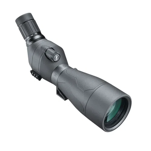 Un telescopio de observación Bushnell Engage 20-60x80mm de color negro con empuñadura texturizada y ocular ajustable. La lente está ubicada en la parte delantera y las perillas de ajuste en el lateral. El logotipo de Bushnell se muestra de forma destacada en la perilla de enfoque de este telescopio de observación.