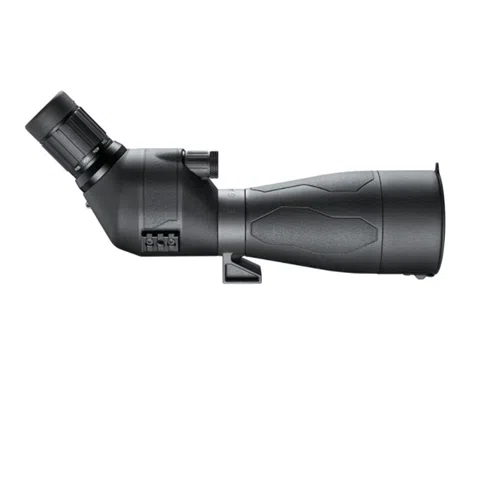 El telescopio Spotter Bushnell Engage 20-60x80mm cuenta con un acabado negro mate y secciones de agarre texturizadas. El ocular está colocado en un ángulo de 45 grados y el cuerpo principal está equipado con perillas de ajuste y un soporte de montaje. Su diseño elegante y moderno lo hace perfecto para uso en exteriores.