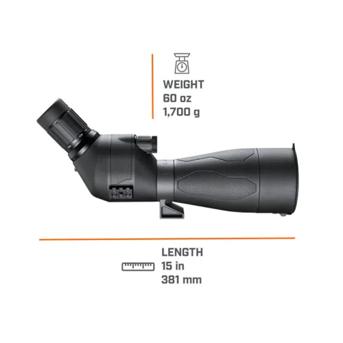 Se muestra un telescopio Spotter Bushnell Engage 20-60x80mm con un peso de 60 oz (1700 g) y una longitud de 15 pulgadas (381 mm). El telescopio cuenta con un ocular en ángulo y una perilla de ajuste de enfoque lateral. El fondo es blanco con gráficos de medición en naranja y negro.