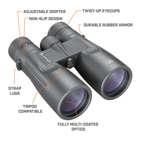 Un par de binoculares Legend 10x50 Bushnell con piezas etiquetadas que incluyen una dioptría ajustable, diseño antideslizante, copas oculares giratorias, armadura de goma duradera, orejetas para correa, compatibilidad con trípode y óptica completamente multicapa.