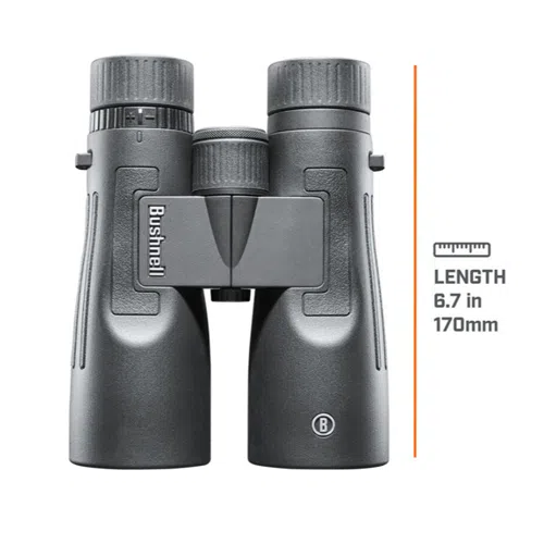 Se muestra un par de binoculares Binocular Legend 10x50 de Bushnell en vista frontal. Los binoculares son negros con empuñaduras texturizadas y oculares ajustables. Una escala vertical a la derecha indica una longitud de 6,7 pulgadas o 170 milímetros.