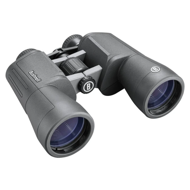 Un par de binoculares Powerview2 20x50mm Bushnell en color negro con superficie texturizada, con lentes de 20x50mm visibles, una rueda de enfoque central entre los oculares y la etiqueta de la marca destacada en el puente.