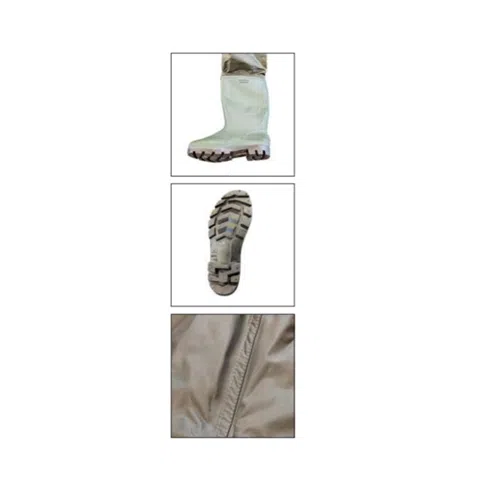 Un collage de tres imágenes: la parte superior muestra una bota Wader Oxford/Pvc pálida, que recuerda el diseño clásico, en una pierna con pantalones visibles; el medio resalta la suela resistente comparable al agarre de un oso negro; y la parte inferior presenta un primer plano de tela beige con costuras intrincadas.