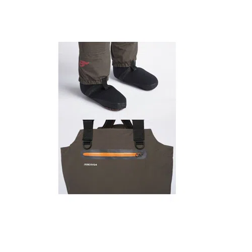 Primer plano del Wader Scierra Respirable Kenai 16.000 #63619 que resalta sus botas negras y correas ajustables. Con un bolsillo en el pecho con cierre y detalles en naranja, estos waders marrones impermeables están diseñados para un rendimiento óptimo en entornos húmedos.
