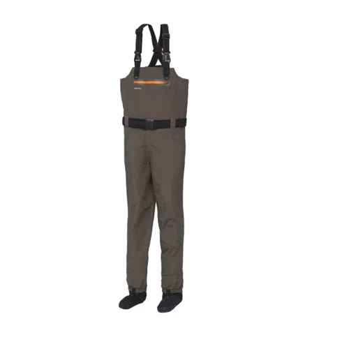 Presentamos el Wader Scierra Respirable Kenai 16.000 #63619: un par de waders marrones con tirantes ajustables negros, cinturón y botines incorporados, perfectos para pescar o realizar actividades en humedales. Los waders transpirables se presentan sobre un fondo blanco liso.