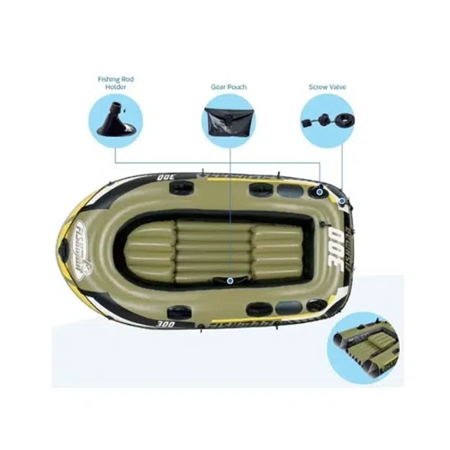 Vista superior del Bote De Pesca Fishman 300 2 Mas 1 Per Safari, un bote inflable verde y amarillo con etiquetas que indican sus características: soporte para caña de pescar, bolsa para equipo y válvula de tornillo. Este bote tiene dos asientos y es ideal para actividades acuáticas al aire libre y safaris aventureros.