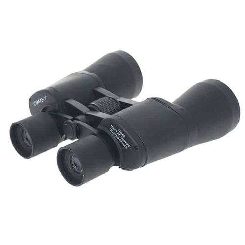 Los binoculares 10x50 Axp101-1050 Comet cuentan con una empuñadura texturizada y un enfoque ajustable. Con la marca "CHMET" destacada en un lateral, presentan un diseño clásico con lentes objetivos grandes y una rueda de enfoque central, lo que los hace ideales para observar cometas en el cielo nocturno.