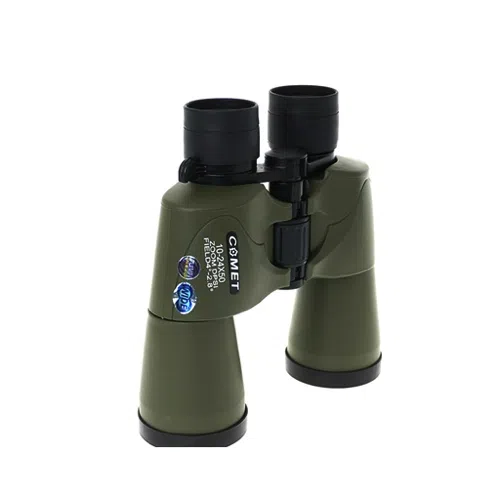 Los binoculares 10-24×50 Z01-102450 Comet presentan un diseño llamativo con carcasa verde y oculares negros, complementados con etiquetas laterales transparentes y especificaciones. Tiene lentes orientadas hacia adelante e incluye una perilla de enfoque central para una visión precisa.