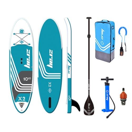Presentamos el set de tabla de surf de remo inflable Stand UP Paddel X-Rider Deluxe 10, que incluye una tabla verde azulado y blanca con una aleta desmontable, un remo, una bomba, una correa enrollada, un kit de reparación y una mochila de transporte. Esta elegante tabla cuenta con un diseño a rayas y prácticos cables de almacenamiento para su comodidad.
