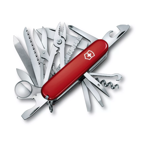 Se muestra una Cortapluma Swiss Champ Roja Victorinox 1.6795 con varias herramientas extendidas, incluidas hojas, una sierra, alicates, una lima de uñas, un abridor de botellas, una lupa y más. El mango presenta un emblema de cruz y escudo blanco en un lado.