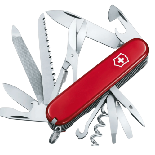La Cortapluma Ranger 21 Funciones Victorinox 1.3763.71 de color rojo cuenta con herramientas ampliadas como una cuchilla, tijeras, destornillador, sacacorchos y sierra. Su mango muestra con orgullo el icónico emblema de la cruz blanca.