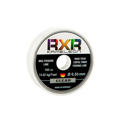 Bobina de hilo de pescar Monofilamento New Kameleon RXR de 100 mts, etiquetada como "High Tech Copolymer Fishing Line", con especificaciones: 0,50 mm de diámetro, resistencia de prueba de 14,50 kg, color transparente y 100 metros de longitud. Fabricada en Alemania, presenta la bandera alemana y un colorido logotipo de RXR en su diseño.