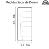 Diagrama que muestra el saco de dormir Saco De Dormir Tempo Azul Oscuro Doite, con unas medidas de 185 cm de alto y 77 cm de ancho. En la imagen se muestra el logotipo "OUTDOOR DOITE" con el texto "Medidas Sacos de Dormir" sobre un fondo azul oscuro.