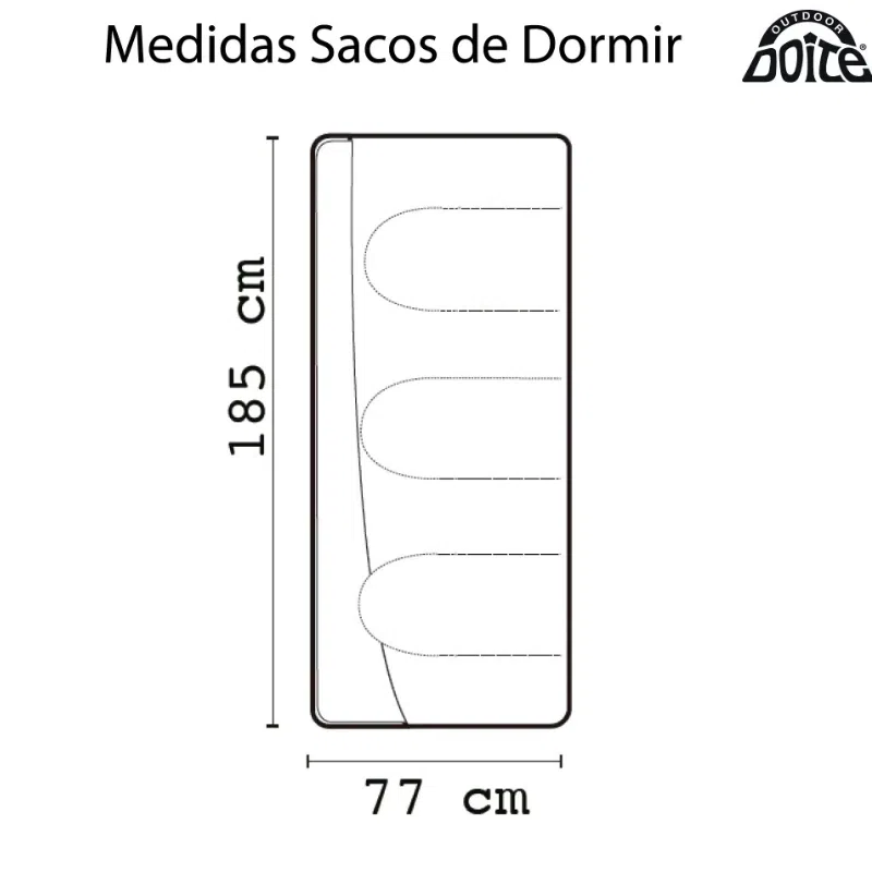 Diagrama que muestra el saco de dormir Saco De Dormir Tempo Azul Oscuro Doite, con unas medidas de 185 cm de alto y 77 cm de ancho. En la imagen se muestra el logotipo "OUTDOOR DOITE" con el texto "Medidas Sacos de Dormir" sobre un fondo azul oscuro.