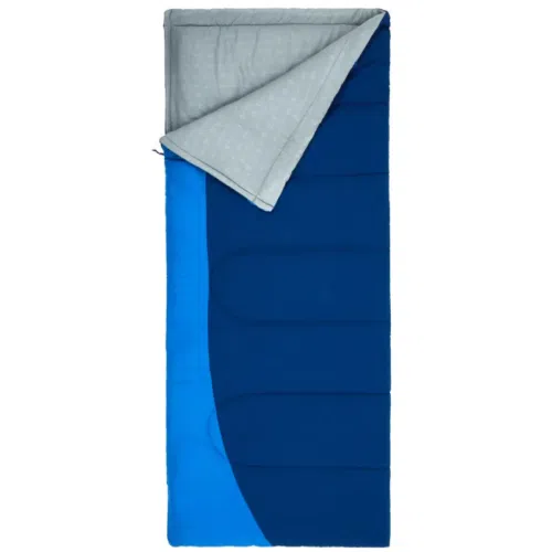 El saco de dormir Tempo Azul Oscuro Doite presenta un elegante diseño rectangular azul con una franja azul oscuro en un borde. Su interior acolchado gris combina comodidad y estilo. Cuando se abre la cremallera y se extiende en posición horizontal, el saco de dormir está preparado para su próxima aventura.