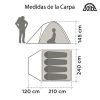 Diagrama que muestra las dimensiones de la tienda de campaña. Vista lateral: 145 cm de alto, 120 cm de ancho. Vista superior: 240 cm de largo, 210 cm de ancho. Silueta de un campista de pie fuera y sentado dentro de la tienda. Texto: "Dimensiones de la tienda de campaña Carpa High Camper Doite Sl, perfecta para 4 personas.