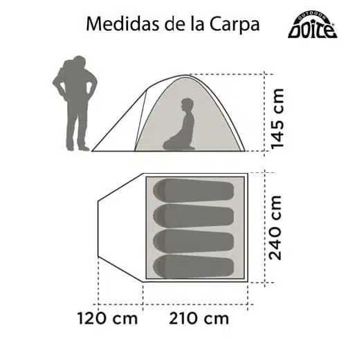 Diagrama que muestra las dimensiones de la tienda de campaña. Vista lateral: 145 cm de alto, 120 cm de ancho. Vista superior: 240 cm de largo, 210 cm de ancho. Silueta de un campista de pie fuera y sentado dentro de la tienda. Texto: "Dimensiones de la tienda de campaña Carpa High Camper Doite Sl, perfecta para 4 personas.