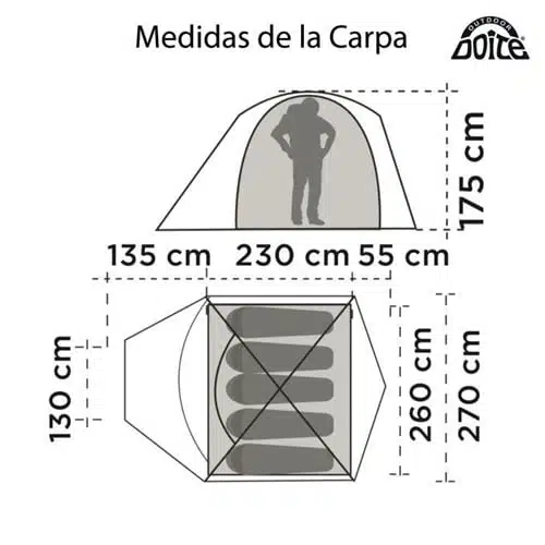 Diagrama que muestra las dimensiones de la Carpa Yosemite Doite Para 5 Personas. La vista frontal mide 230 cm de ancho y 175 cm de alto, presentando secciones adicionales de 135 cm y 55 cm. La vista superior muestra una longitud de 270 cm y una anchura de 260 cm. Para la escala, el diagrama incluye una persona y sacos de dormir. Texto en español: "Medidas de la Carpa Yosemite.