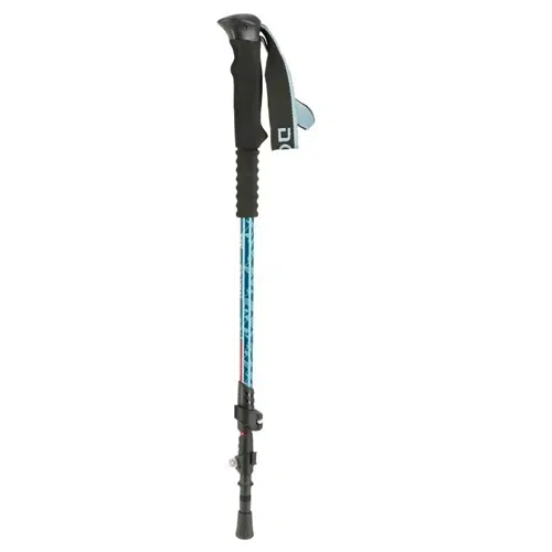 Un bastón de trekking Doite Tactics en azul y negro, con agarre ergonómico, correa ajustable, secciones telescópicas para ajustar la altura, una punta de goma para una mejor tracción y un mecanismo de bloqueo seguro cerca de la parte inferior.