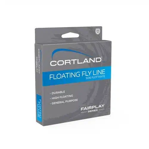 El paquete de la Linea Cortland Fairplay WF4F 27m #326040 incluye una caja gris con detalles en azul y resalta atributos del producto como "duradero", "alta flotabilidad" y "uso general". El paquete incluye texto en inglés y francés, lo que garantiza una presentación de primera calidad de la serie Fairplay de Cortland.
