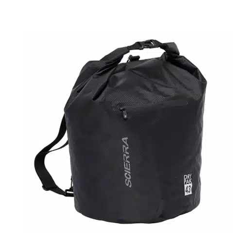 La bolsa impermeable cilíndrica respirable Scierra Yosemite de Wader, etiquetada como "Dry Pak 43", está disponible en color negro e incluye un cierre superior enrollable con hebilla, junto con una correa ajustable para llevarla cómodamente. Ideal para los amantes de las actividades al aire libre, esta bolsa es tan confiable como sus confiables waders, ya que mantiene todos los artículos seguros y secos.