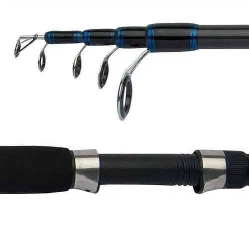 Primer plano de la caña de pescar telescópica Shimano Alivio Slim GT300H con detalles en azul. Esta caña de 3,0 m consta de varias secciones extensibles que culminan en guías circulares. Cuenta con un mango con empuñadura negra y un portacarrete plateado, lo que resalta el diseño elegante y el rendimiento de ingeniería del modelo.