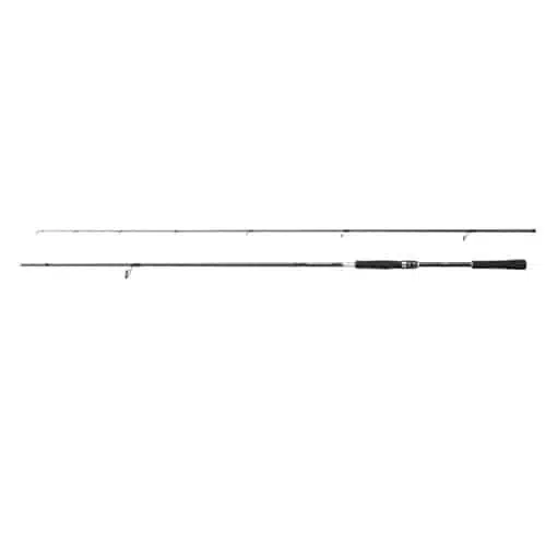 Caña de pescar Shimano 21 Moon Shot S96M de 2,90 m desmontada, de dos piezas, con empuñadura negra y secciones plateadas. La caña S96M es recta y cuenta con varias anillas para la línea de pesca.