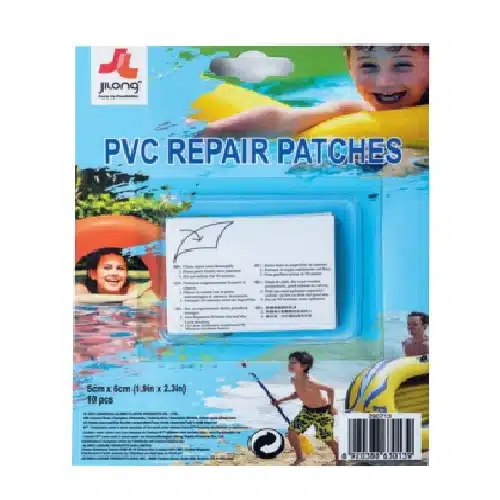 Paquete de parches de reparación Safari 175x175mm 10u.#290713, adornado con una imagen de niños nadando y jugando en una piscina. El paquete incluye diez parches de 175x175mm junto con instrucciones de uso, sobre un fondo lleno de ilustraciones con temática de verano y divertidas actividades de safari.