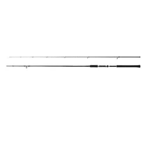 La caña Shimano Salty Advance S100MH 3,05m, desmontada en dos piezas con una pieza ligeramente más larga que la otra, presenta un acabado en color negro, un mango con empuñadura acolchada y varias guías para el sedal a lo largo de su longitud. El fondo permanece en blanco liso.