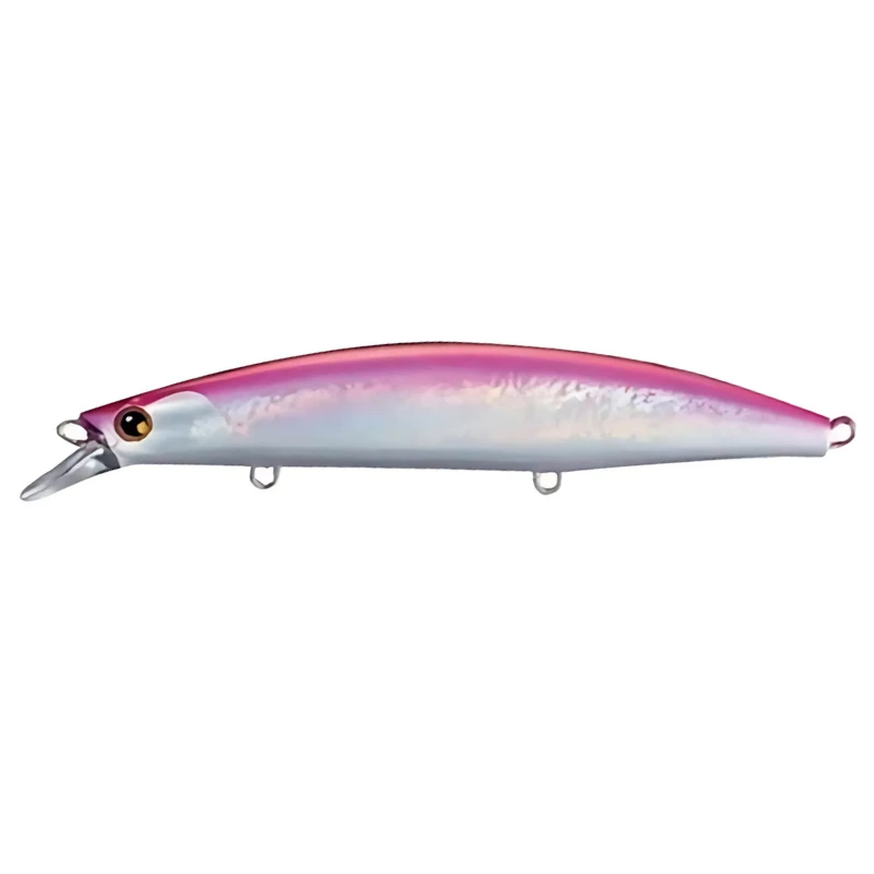 El Shimano Hirame Minnow 125F #OM125ME es un señuelo de pesca en color rosa metálico y plateado, que presenta un diseño similar a un pez, un borde saliente, un cuerpo aerodinámico y dos bucles de sujeción laterales para un mejor rendimiento.