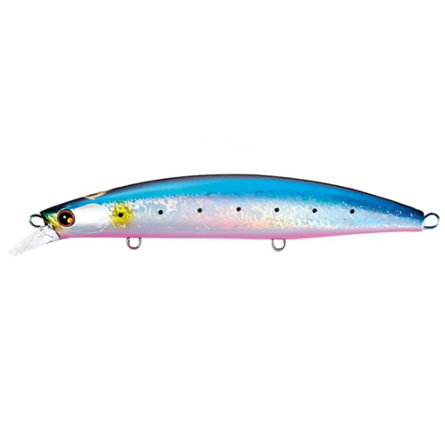 El Señuelo Shimano Hirame Minnow 125F #OM125ME es un señuelo de pesca colorido con un cuerpo elegante y alargado que presenta un degradado de tonos azules y rosados, pequeños puntos a lo largo del costado, dos anzuelos y un borde de plástico transparente para bucear.