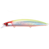 El Señuelo Shimano Hirame Minnow 125F #OM125ME cuenta con un cuerpo brillante e iridiscente en tonos rojos, amarillos, verdes y plateados. Cuenta con un borde transparente debajo de la cabeza y bucles de metal para anzuelos o líneas, lo que lo hace ideal para atraer peces con su diseño dinámico.