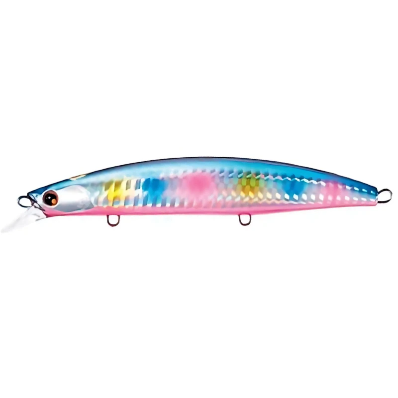 El Señuelo Shimano Hirame Minnow 125F #OM125ME, un señuelo multicolor con tonos de azul, rosa, amarillo y plata para imitar un pez pequeño, presenta un cuerpo aerodinámico con un ojo rojo y dos pequeños anzuelos unidos debajo.