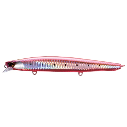 El Señuelo Shimano Hirame Minnow SR 150F #XF115TE es un señuelo de pesca brillante y alargado con un acabado rosa metálico y plateado, que presenta un pequeño labio en la parte delantera y múltiples agujeros a lo largo de su cuerpo para imitar un pez.