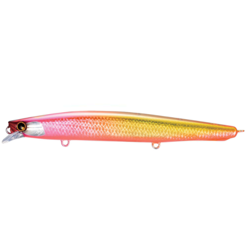 El Señuelo Shimano Hirame Minnow SR 150F #XF115TE es un señuelo vibrante con forma de pez con un degradado texturizado de rosa-naranja-amarillo, una cabeza plateada, un labio frontal pequeño y dos anzuelos inferiores.