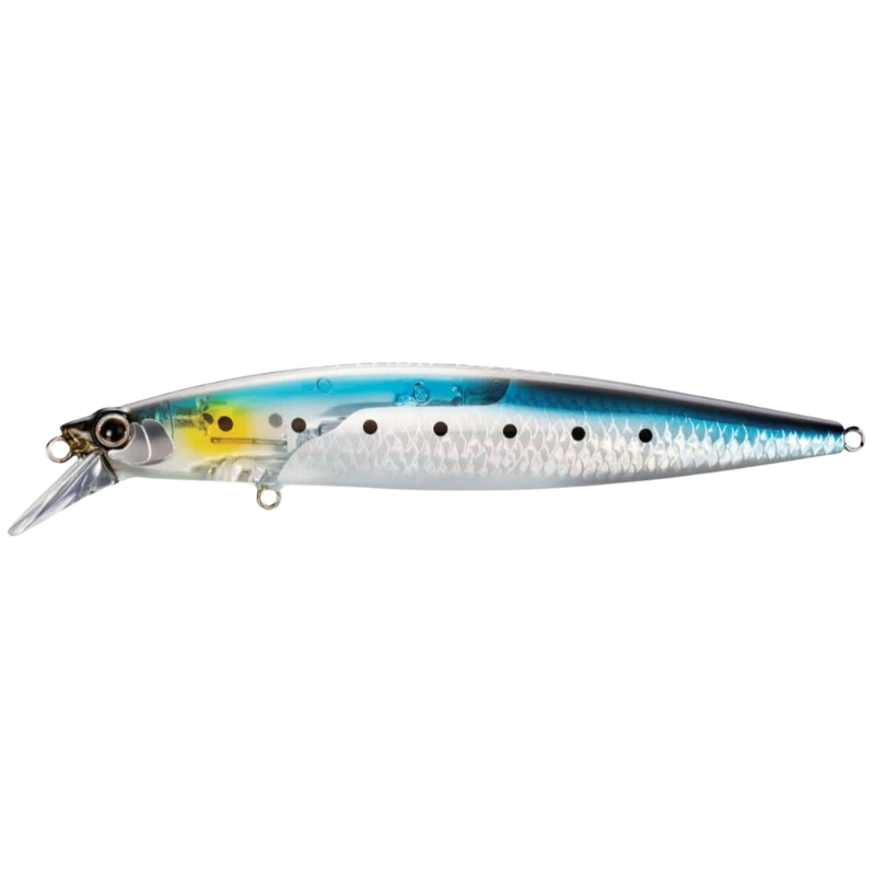 El señuelo Shimano Silent Assassin 120F FlashB #XU112TE es un señuelo multicolor con dorso azul, raya amarilla y cuerpo translúcido con manchas negras. Imita un pez pequeño e incluye un labio de buceo de plástico transparente con anillos de metal para una fácil fijación.