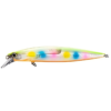 El Señuelo Shimano Silent Assassin 120F FlashB #XU112TE es un señuelo de pesca alargado y reflectante con un diseño multicolor con manchas azules, rosas, amarillas y verdes. Incluye dos anzuelos triples y un borde de buceo metálico en la parte delantera.