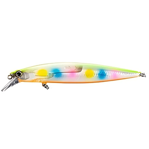 El Señuelo Shimano Silent Assassin 120F FlashB #XU112TE es un señuelo de pesca alargado y reflectante con un diseño multicolor con manchas azules, rosas, amarillas y verdes. Incluye dos anzuelos triples y un borde de buceo metálico en la parte delantera.