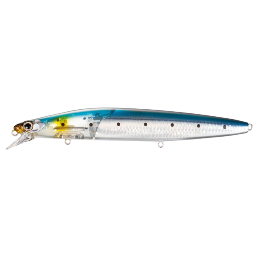 El Señuelo Shimano Silent Assassin 140F #XM-314TE presenta un diseño transparente con una parte superior azul, amarillo y verde cerca de la cabeza, manchas negras en su cuerpo transparente y bucles de metal para anzuelos, lo que garantiza precisión y rendimiento para cualquier aventura de pesca.